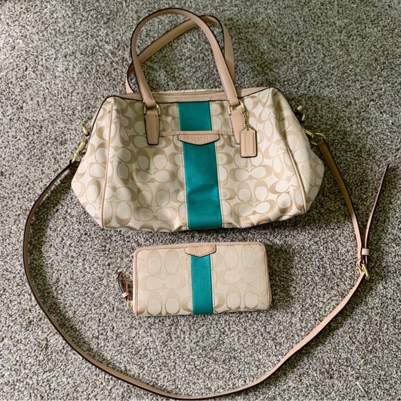 Coach Handbags - Coach Signature Stripe Khaki Emerald green shoulder Crossbody wallet Bundle EUC